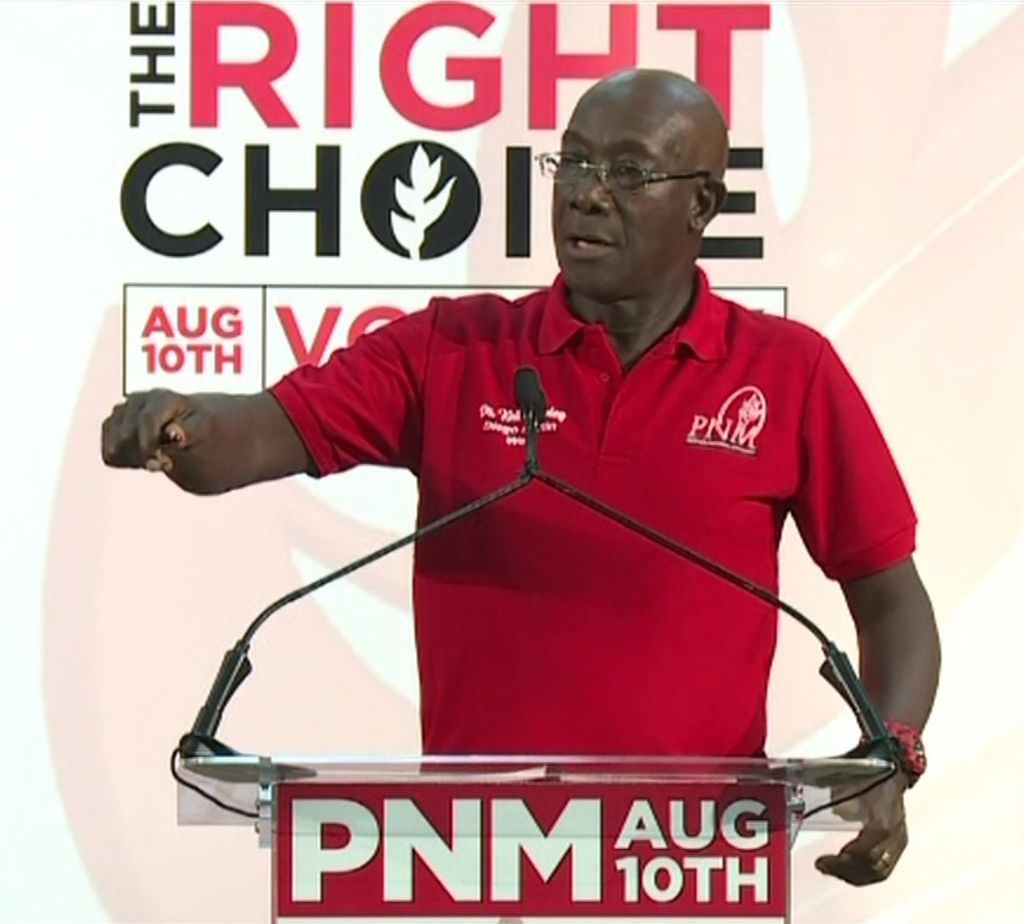Prime Minister Dr Keith Rowley addresses a public meeting in La Horquetta last night.