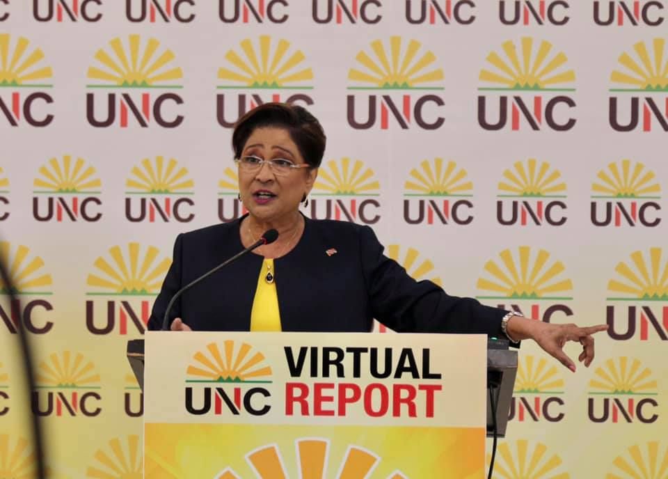 Opposition Leader and UNC Political Leader, Kamla Persad-Bissessar SC MP, during the UNC Virtual Report on Monday 19 October 2020. (Image courtesy United National Congress)