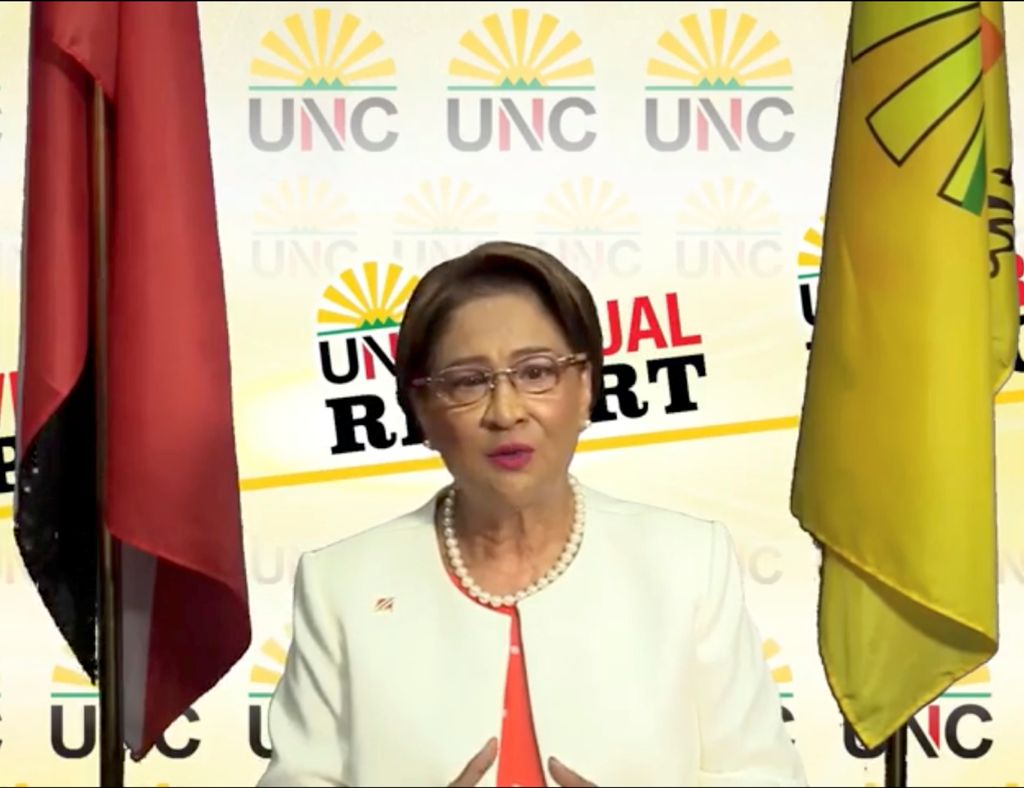 Opposition leader Kamla Persad Bissessar delivers the feature address during the UNC’s Monday Night Forum.