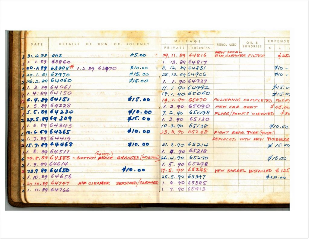 A page from Derek Aleong's diary showing the Morris Minor's gas and service history from 1989-1990.