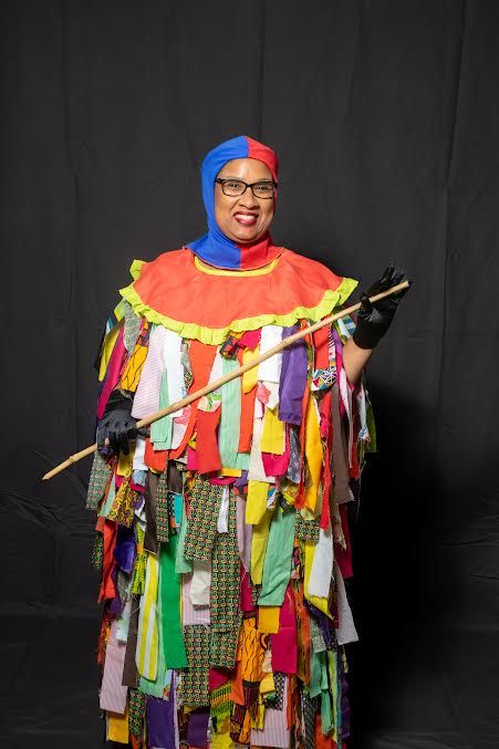 Author Mary Cuffy dressed as a Pierrot Grenade.