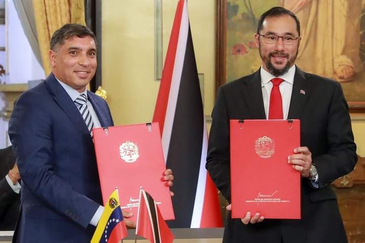 FILE – Stuart Young (Energy Minister under Rowley Administration), with Venezuela’s Energy Minister following the signing of a Memorandum of Understanding for the Dragon Gas Project, in October 2023. [Image courtesy Stuart Young Facebook Page]