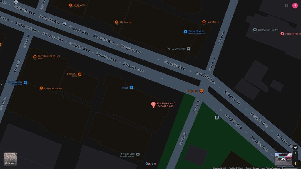 A map showing Ariapita Avenue and the location of Ibiza Night Club & Rooftop Lounge, where a 26-year-old man was shot and wounded. [Image courtesy Google Maps]