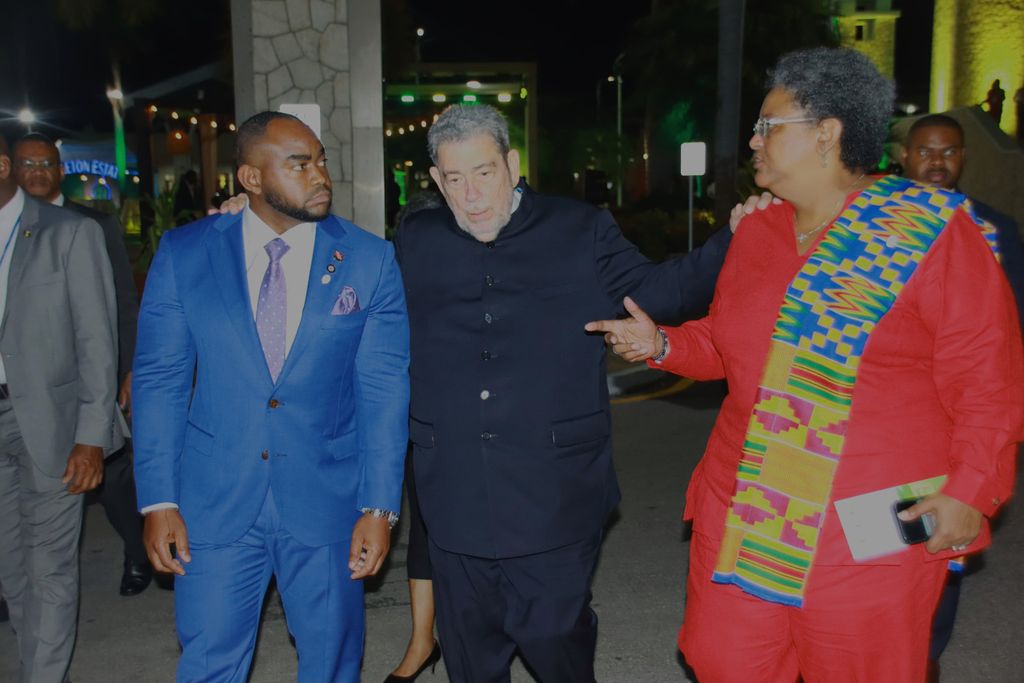St Vincent and the Grenadines Prime Minister Dr Ralph Gonsalves, centre, shares a light moment with Trinidad and Tobago’s Minister of Foreign and Caricom Affairs Sean Sobers and Barbados Prime Minister Mia Mottley at the conclusion of the opening ceremony of the 49th Regular Meeting of the Conference of Caricom Heads of Government in Montego Bay, Jamaica, on Sunday.