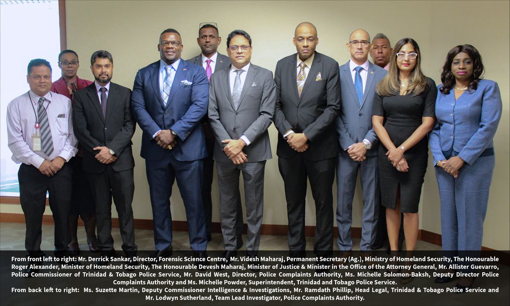 Justice Minister Devesh Maharaj, centre, leads stakeholders, including Homeland Security Minister Roger Alexander, Police Commissioner Allister Guevarro and Police Complaints director David West, for talks on investigations into fatal police-involved shootings. 