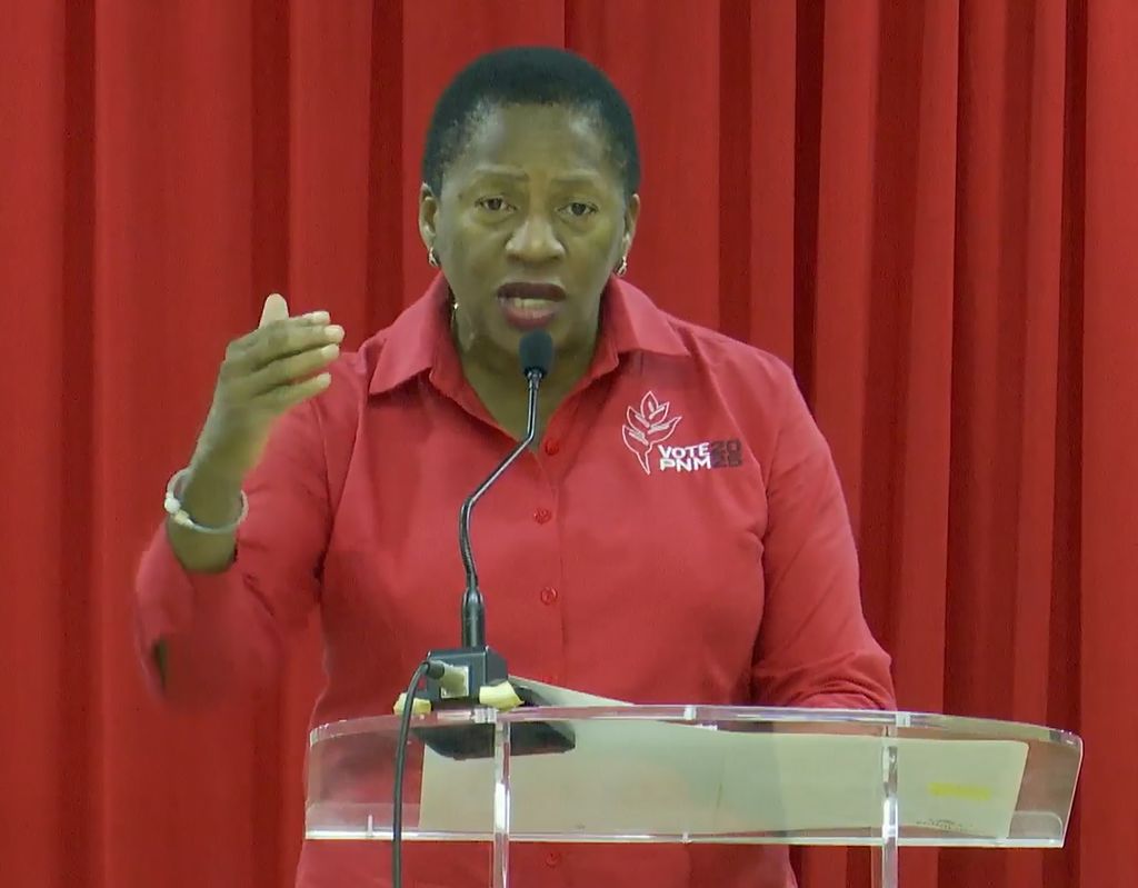Opposition Leader Penelope Beckles speaks during a PNM meeting at the Malabar Community Center on Thursday.
