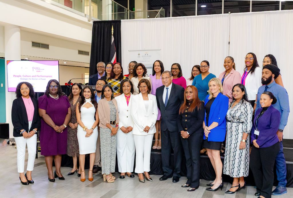 President Christine Carla Kangaloo, centre, flanked  by, from left,  Mariano Browne, Chief Executive Officer, UWI-Arthur Lok Jack Global School of Business, Jearlean John, Minister of Works and Infrastructure, Amy Lazzari, Chief People and Culture Officer, ANSA McAL Ltd. and the UWI-Arthur Lok Jack team.