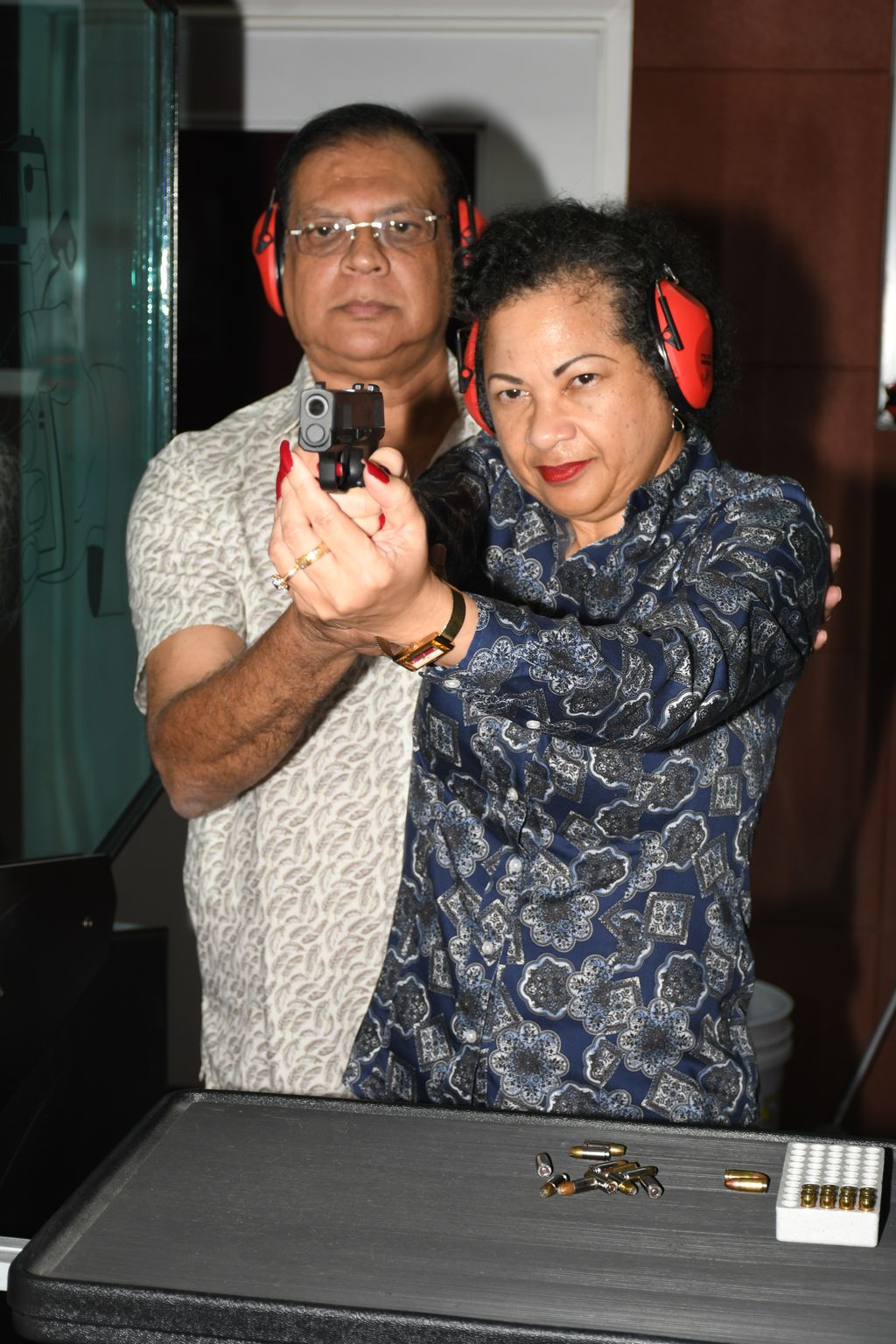 Firearms Training Institute directors Towfeek Ali, left, and Nyree Alfonso at the institute’s training range yesterday.