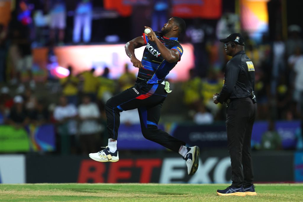 Obed McCoy of Antigua & Barbuda Falcons in his bowling action during the Men’s 2025 Republic Bank Caribbean Premier League match between Antigua & Barbuda Falcons v Trinbago Knight Riders at Sir Vivian Richards Cricket Ground on Wednesday night in St John’s, Antigua and Barbuda. 