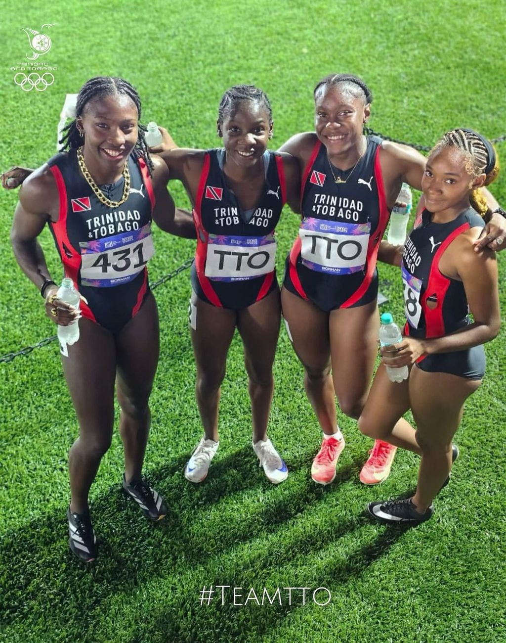 T&T’s women’s 4x100m relay team from left, Shaniqua Bascombe, Janae De Gannes, Alexxe Henry and Sierra Joseph following their silver medal run at the Junior Pan American Games in Asuncion, Paraguay last night. T&T recorded a time of 43.89 seconds to place second behind Jamaica in a new games record of 43.51 seconds, while Colombia placed third in 44.01 seconds.