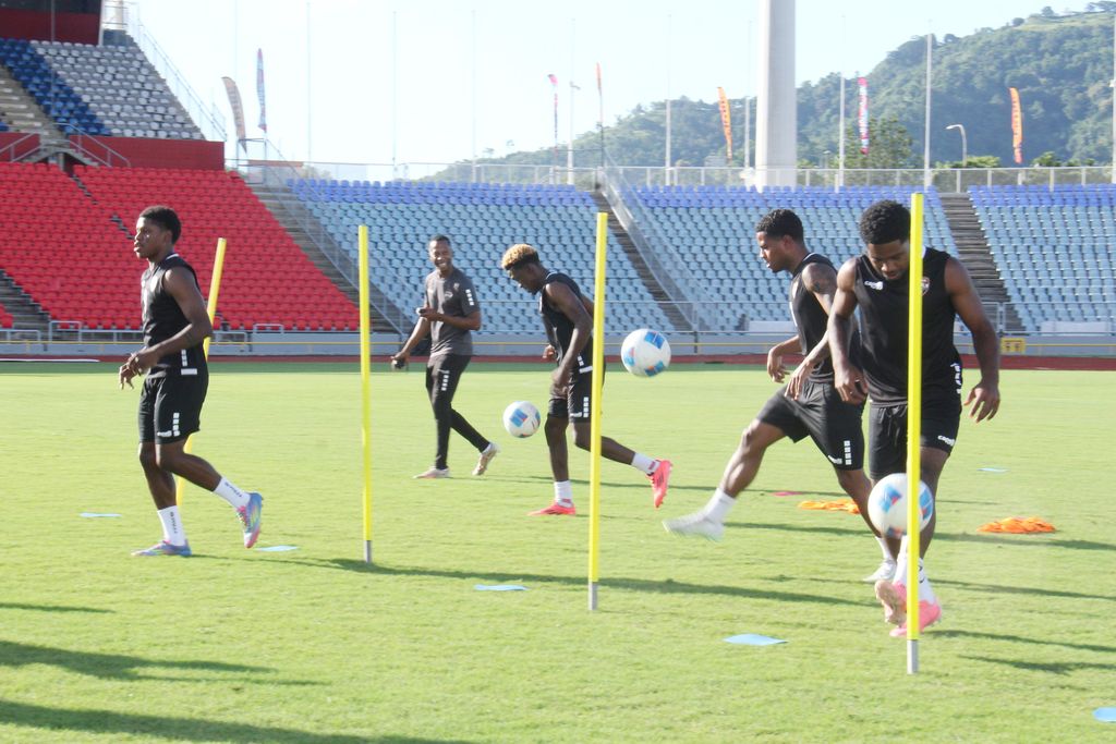 The Trinidad and Tobago National team training at the Hasley Crawford Stadium , Port of Spain yesterday.
