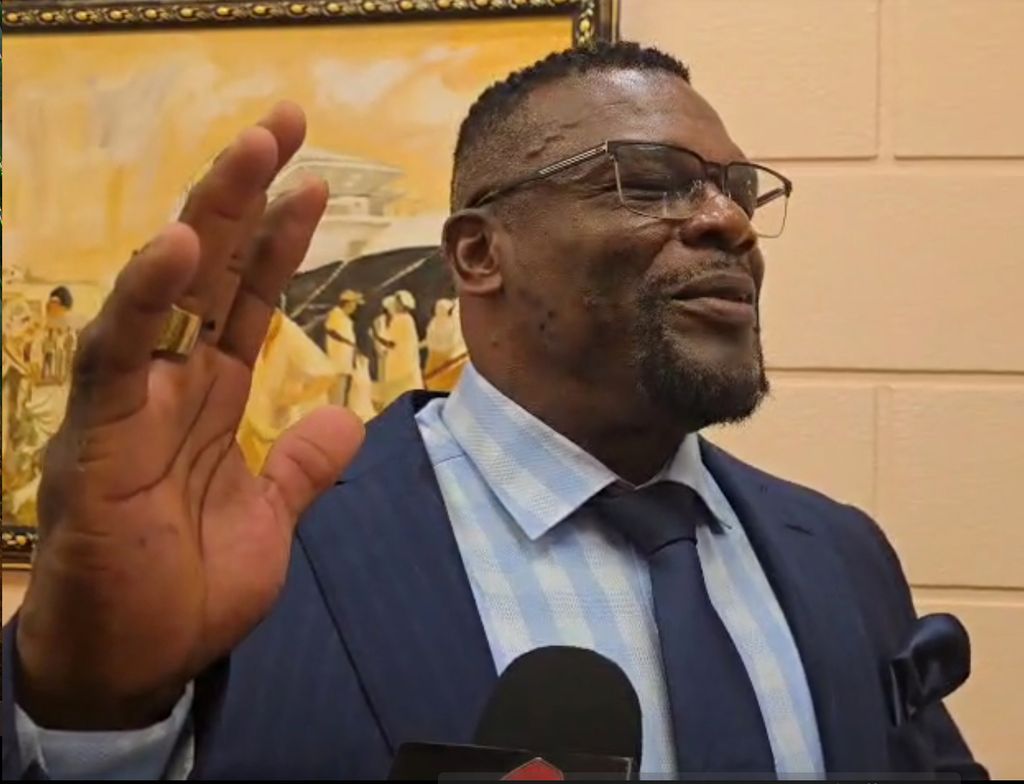  Homeland Security Minister Roger Alexander responds to a question from a member of the media at the launch of the UNDP’s Regional Human Development Report 2025  at the Diplomatic Centre, St Ann’s, yesterday.